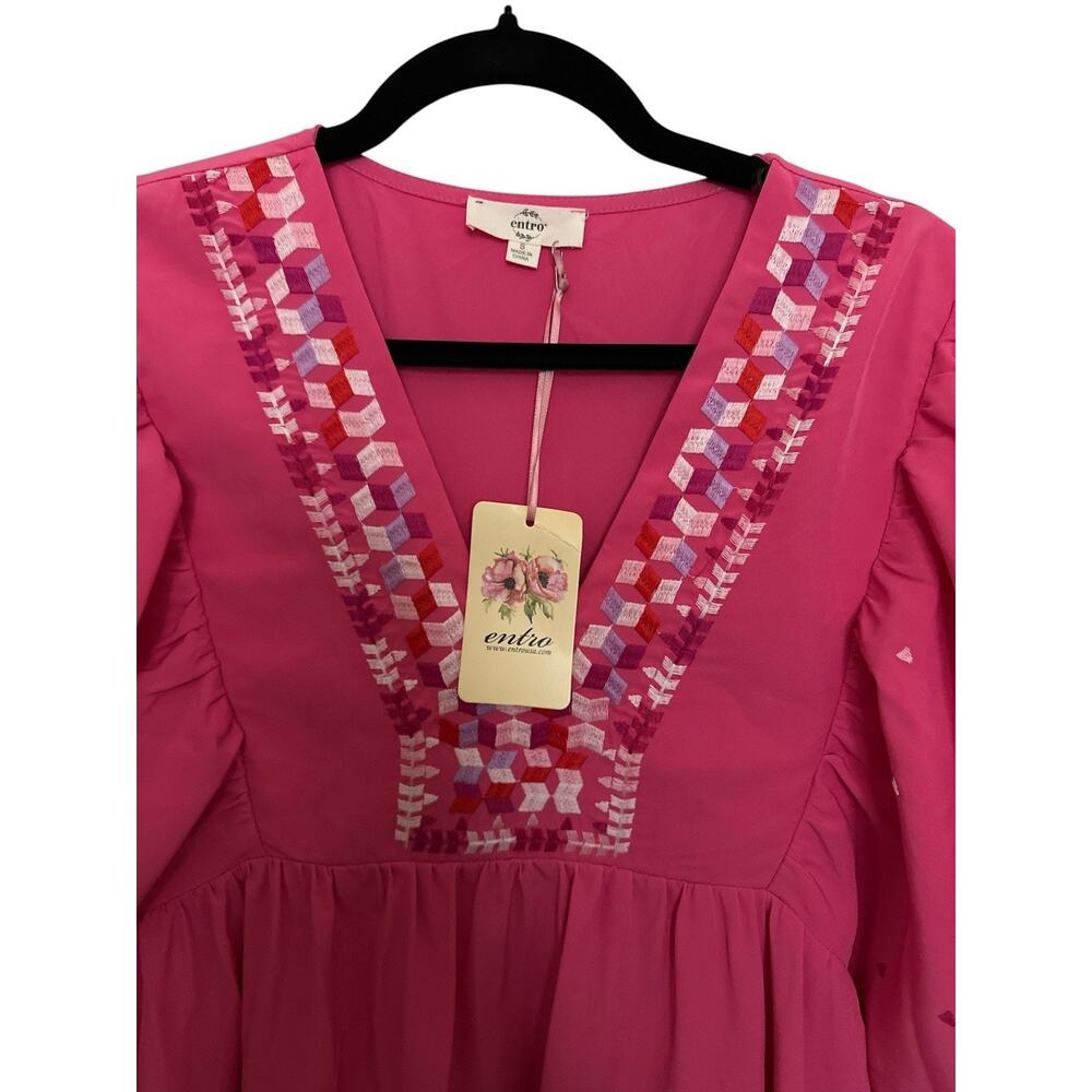ENTRO BUBBLE SLEEVE DRESS Embroidered Size S Hot Pink - Picture 5 of 7